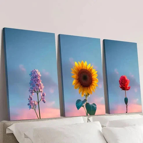 3pcs Purple Lilac Sunflower Rose and Fresh Sky Wall Art Set Canvas Unframed - High Quality Print 100% Australian Made Wall Canvas