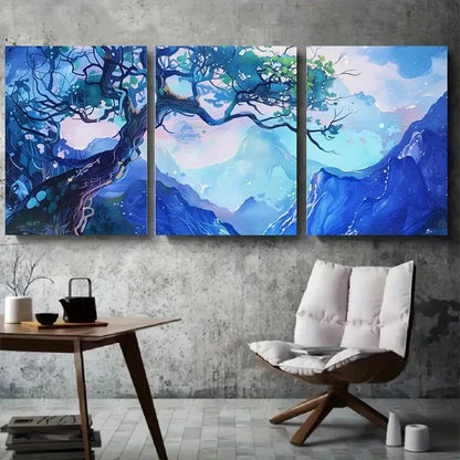 3pcs Enchanted Blue Mountain Tree Wall Art Set Canvas Framed 60x90cm - High Quality Print 100% Australian Made Wall Canvas Ready to Hang