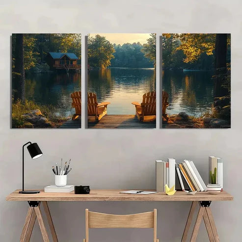 3pcs Lake House Scenery with Wooden Chairs Wall Art Set Canvas Unframed - High Quality Print 100% Australian Made Wall Canvas
