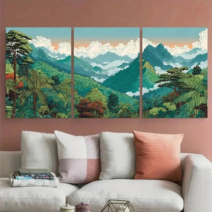 3pcs Khao Thailand Illustrated Jungle Perfect  Wall Art Set Canvas Framed 60x90cm - High Quality Print 100% Australian Made Wall Canvas Ready to Hang