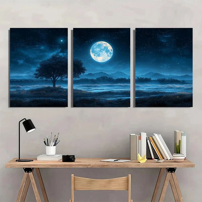 3pcs Black Moonlit Mountain Tree Silhouettes Metal Print Ready to Hang Art