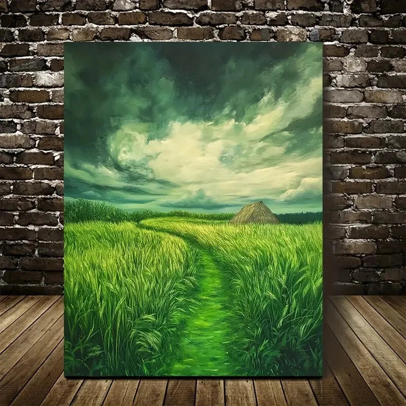Beautiful Emerald Thatched Grassland Painting 40x60cm Metal Print Ready to Hang