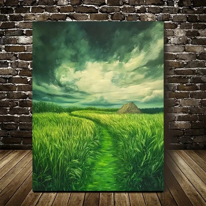 Beautiful Emerald Thatched Grassland Painting 40x60cm Metal Print Ready to Hang