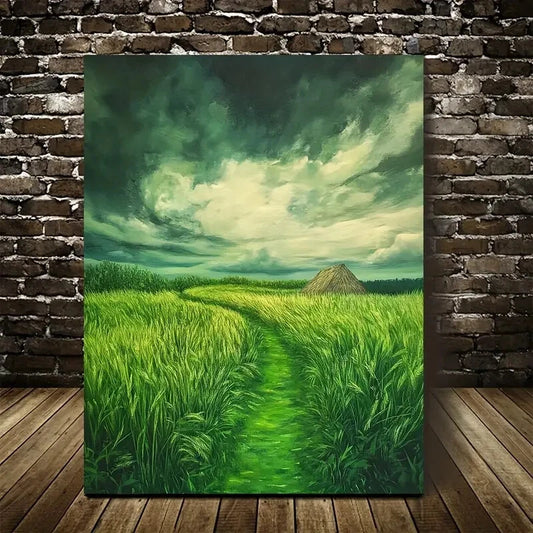 Beautiful Emerald Thatched Grassland Painting 40x60cm Metal Print Ready to Hang
