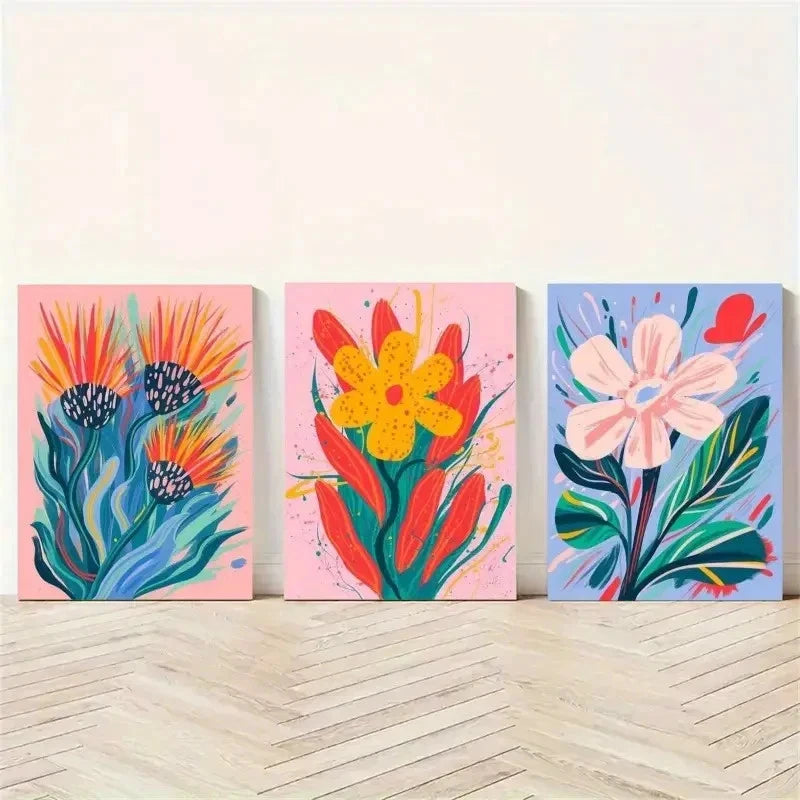 3pcs Protea Flower Color Splash Painting Metal Print Ready to Hang Art
