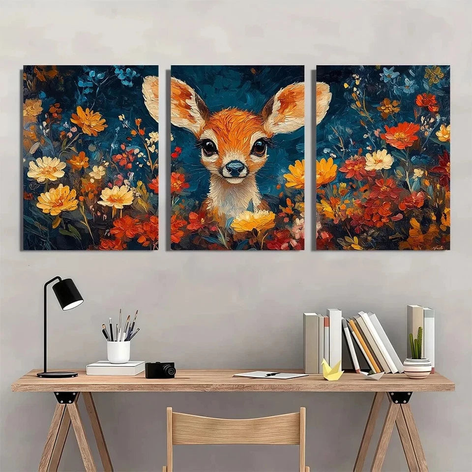 3pcs Cute Deer Colourful Flowers Metal Print Ready to Hang Art