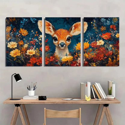 3pcs Cute Deer Colourful Flowers Metal Print Ready to Hang Art