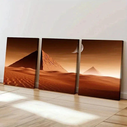 3pcs Pyramids Desert & Moon Landscape Wall Art Set Canvas Framed 40x60cm - High Quality Print 100% Australian Made Wall Canvas Ready to Hang