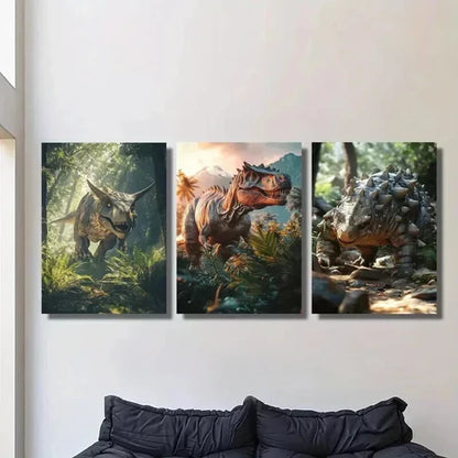 3pcs Dinosaurs in the Jungle Painting Wall Art Canvas Unframed - High Quality Print 100% Australian Made Wall Canvas