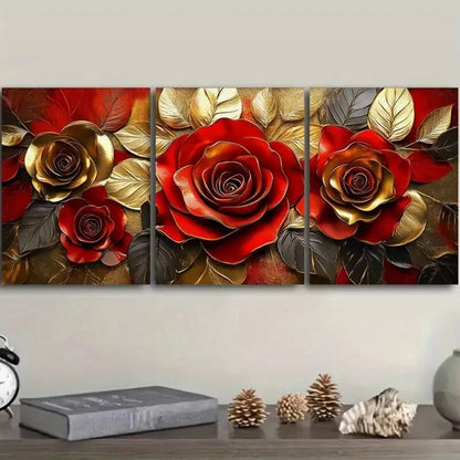 3pcs Elegant Golden Rose Classic Style Metal Print Ready to Hang Art