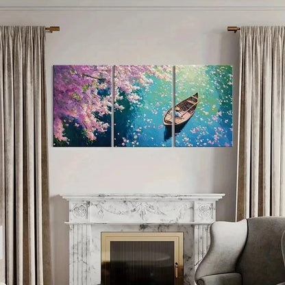 3pcs Blossom River Scene with Rowboat Wall Art Set Canvas Framed 40x60cm - High Quality Print 100% Australian Made Wall Canvas Ready to Hang