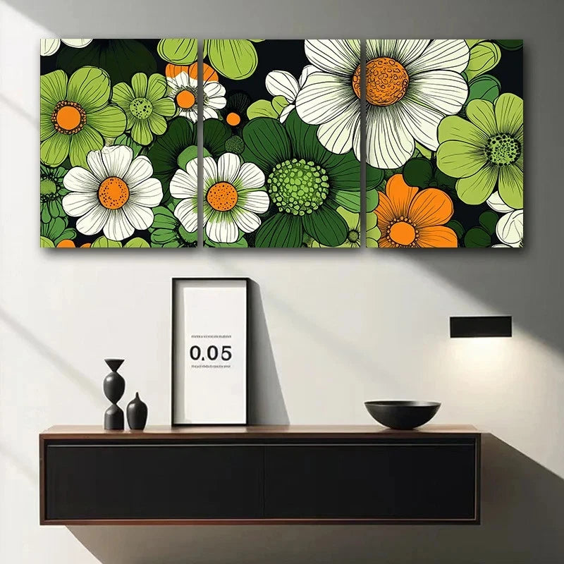 3pcs Vibrant Green & White Floral Design Metal Print Ready to Hang Art