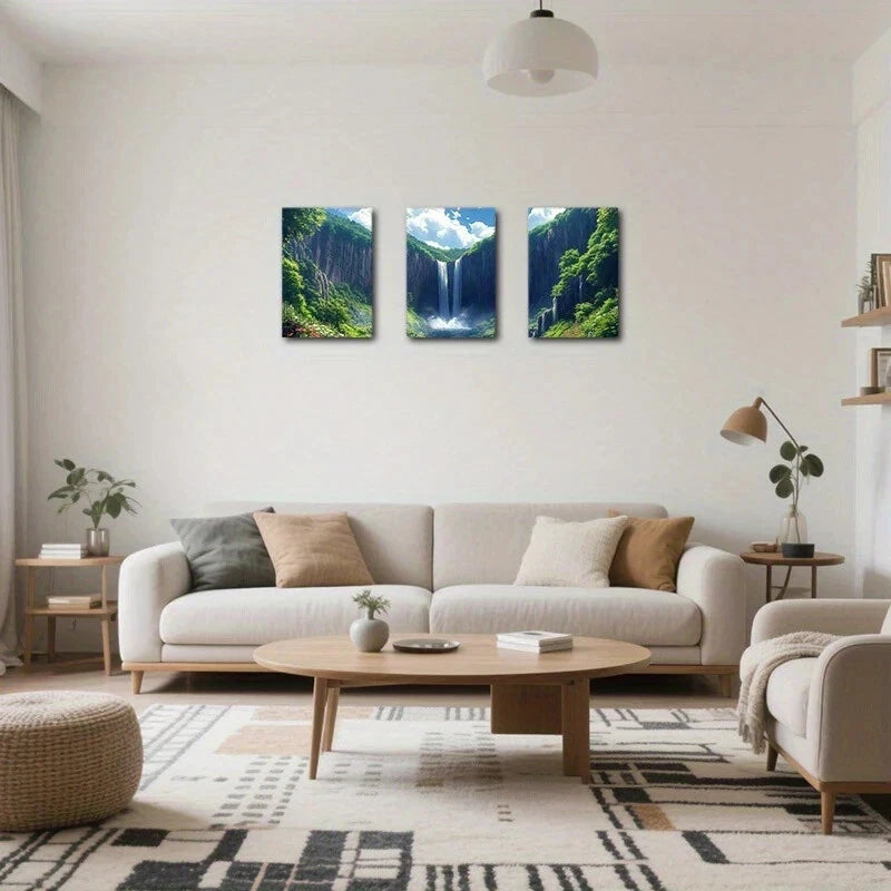 3pcs Abstract Nature Waterfall & Greenery Metal Print Ready to Hang Art