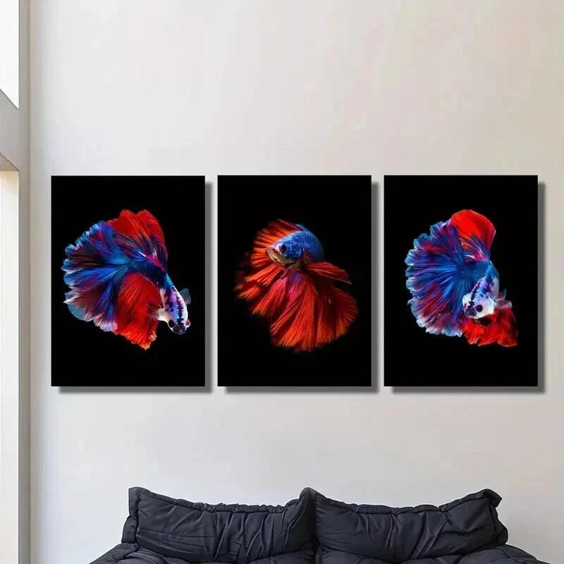 3pcs Vibrant Blue & Red Siamese Fighting Fish Wall Art Canvas Unframed – High Quality Print 100% Australian Made Wall Canvas