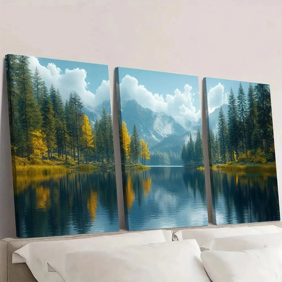 Three-panel canvas print of a mountain landscape with trees and a lake.