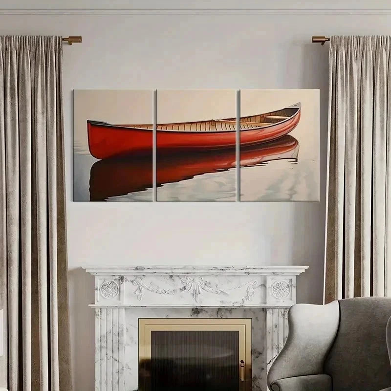 3pcs Red Canoe & Serene Water Reflection Wall Art Set Canvas Framed 40x60cm - High Quality Print 100% Australian Made Wall Canvas Ready to Hang