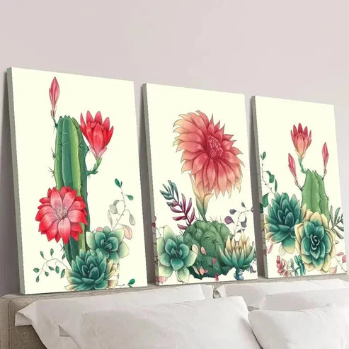 3pcs Cactus with Red Flowers Painting Wall Art Canvas Unframed – High Quality Print 100% Australian Made Wall Canvas