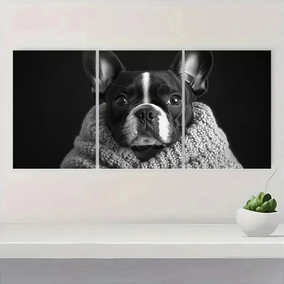 3pcs Whimsical Black & White Bulldog Metal Print Ready to Hang Art