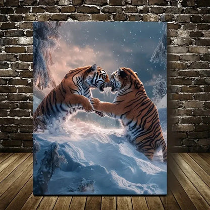 Dreamlike Tiger Wrestling Scene on Snowy Painting 40x60cm Metal Print Ready to Hang