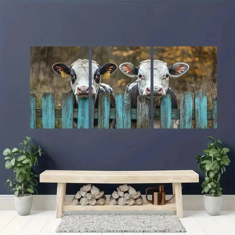 3pcs Rustic Cows Peeking Through Fence Wall Art Set Canvas Framed 60x90cm - High Quality Print 100% Australian Made Wall Canvas Ready to Hang