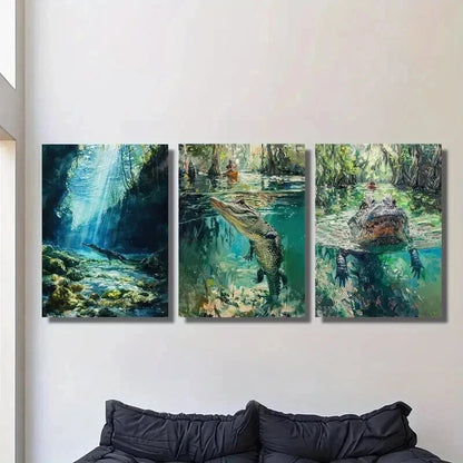 3pcs Rainforest Crocodiles in Freshwater Wall Art Set Canvas Framed 40x60cm - High Quality Print 100% Australian Made Wall Canvas Ready to Hang