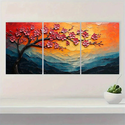 3pcs Textured Cherry Blossom Sunset Wall Art Set Canvas Framed 60x90cm - High Quality Print 100% Australian Made Wall Canvas Ready to Hang