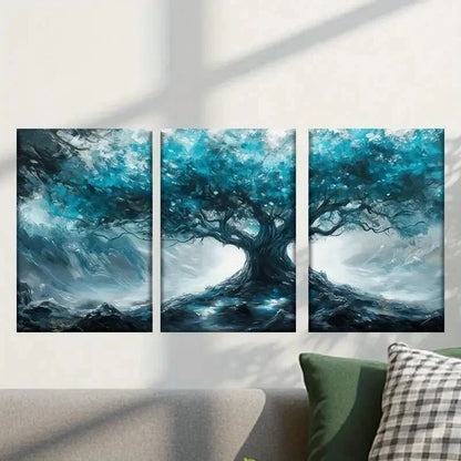 3pcs Tree with Glowing Blue Leaves Wall Art Set Canvas Framed 40x60cm - High Quality Print 100% Australian Made Wall Canvas Ready to Hang
