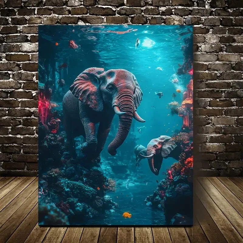 Cyberpunk Elephant Underwater Scene Painting 40x60cm Metal Print Ready to Hang