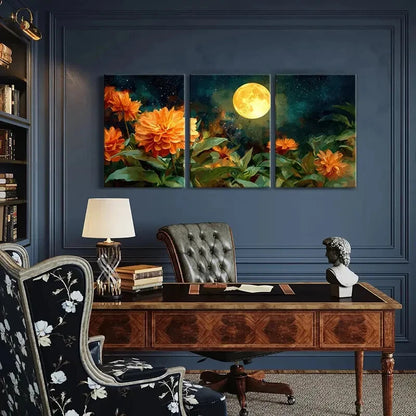 3pcs Moonlit Garden Orange Flowers Night Sky Metal Print Ready to Hang Art