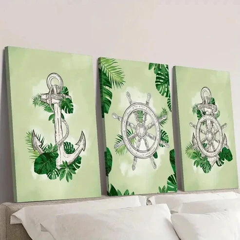 3pcs Helm and Anchor on Plant Leaves Wall Art Canvas Unframed – High Quality Print 100% Australian Made Wall Canvas