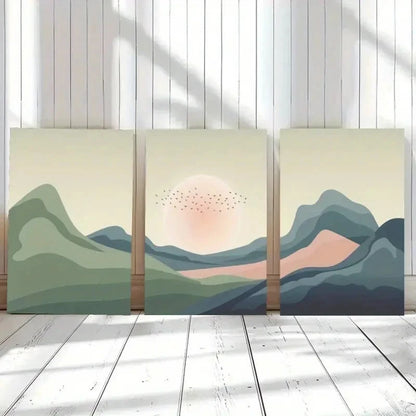 3pcs Layered Mountains Flying Birds Sun Metal Print Ready to Hang Art