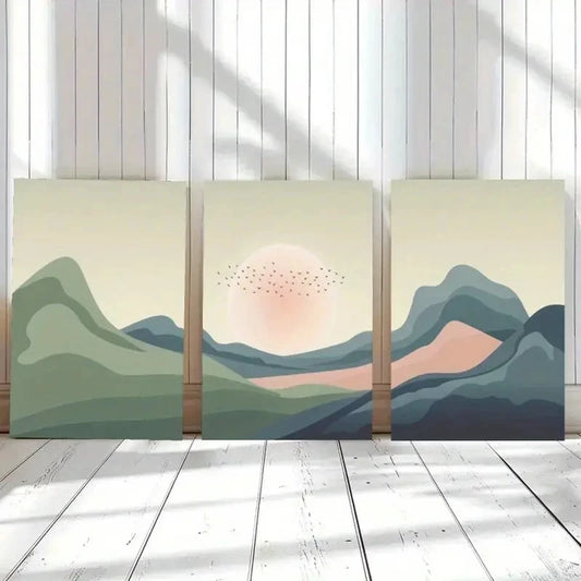 3pcs Layered Mountains Flying Birds Sun Metal Print Ready to Hang Art