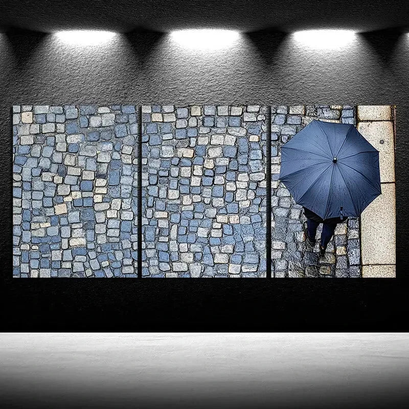 3pcs People Holding Blue Umbrellas Rainy Streets Metal Print Ready to Hang Art