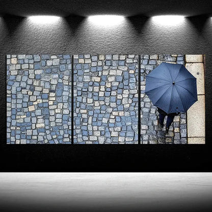 3pcs People Holding Blue Umbrellas Rainy Streets Metal Print Ready to Hang Art