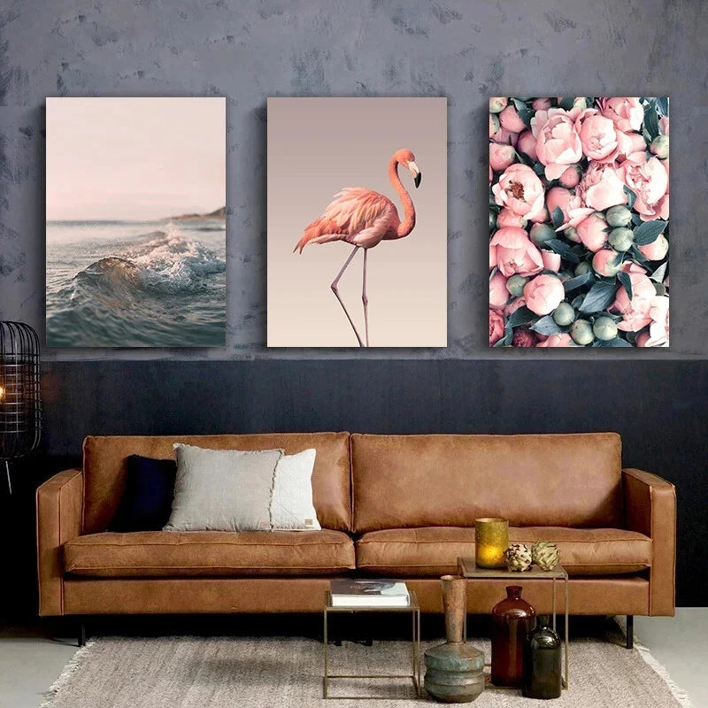 3pcs Romantic Flamingo Beach Flowers Metal Print Ready to Hang Art
