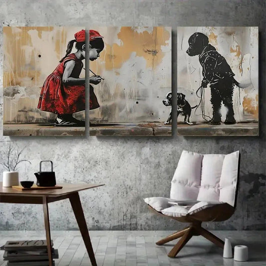 3pcs Street Art Girl with Dog Wall Art Set Canvas Framed 60x90cm - High Quality Print 100% Australian Made Wall Canvas Ready to Hang