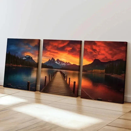 3pcs Sunset Lake Mountains Dock Reflections Wall Art Set Canvas Framed 50x70cm - High Quality Print 100% Australian Made Wall Canvas Ready to Hang