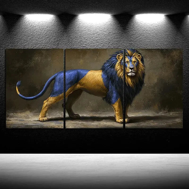 3pcs Golden Blue Lion Painting Metal Print Ready to Hang Art