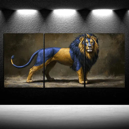 3pcs Golden Blue Lion Painting Metal Print Ready to Hang Art