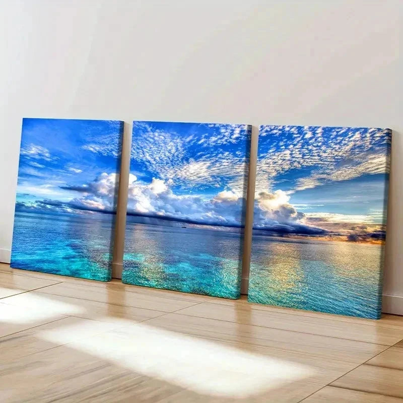 3pcs Blue Sky White Clouds Sea Natural Wall Art Set Canvas Framed 40x60cm - High Quality Print 100% Australian Made Wall Canvas Ready to Hang