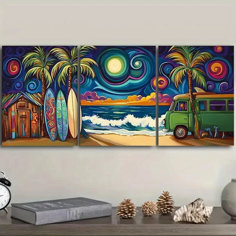 3pcs Colorful Kombi Van Parked At The Beach Wall Art Set Canvas Framed 40x60cm - High Quality Print 100% Australian Made Wall Canvas Ready to Hang