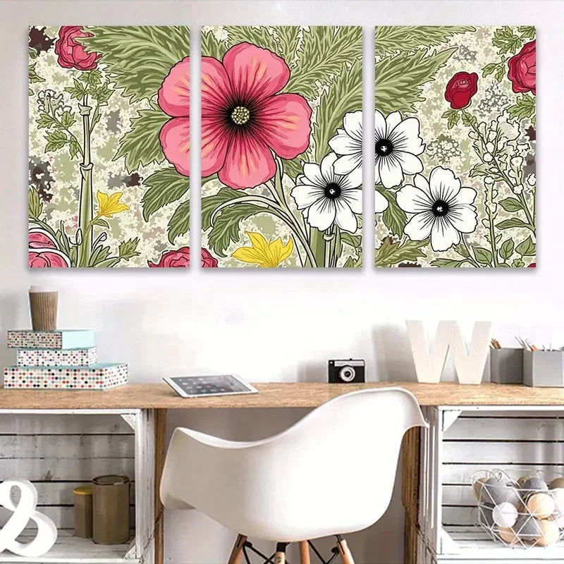 3pcs Red and White Floral Art Wall Art Set Canvas Framed 60x90cm - High Quality Print 100% Australian Made Wall Canvas Ready to Hang