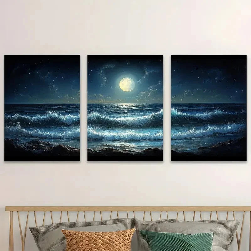 3pcs The Ocean Waves Under The Moon Wall Art Set Canvas Framed 50x70cm - High Quality Print 100% Australian Made Wall Canvas Ready to Hang