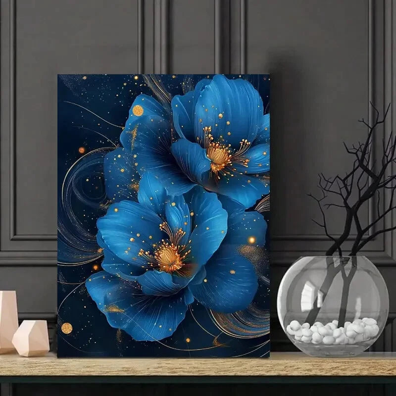 Elegant Blue Floral Golden Glitter Swirls and Dots 40x60cm Metal Print Ready to Hang