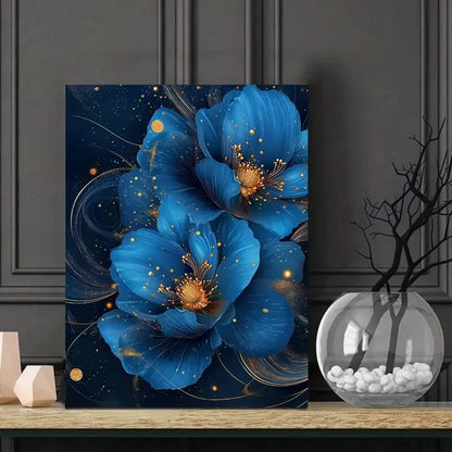 Elegant Blue Floral Golden Glitter Swirls and Dots 40x60cm Metal Print Ready to Hang