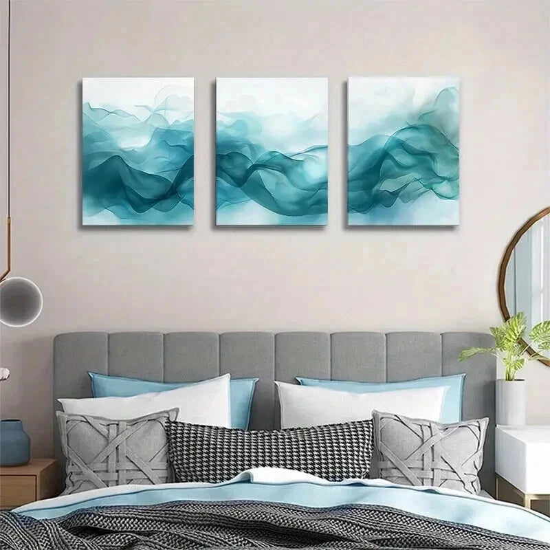 3pcs Minimalist Fluid Teal Wave Design Wall Art Set Canvas Framed 50x70cm - High Quality Print 100% Australian Made Wall Canvas Ready to Hang