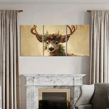 3pcs Artistic Deer Portrait Floral Crown Metal Print Ready to Hang Art