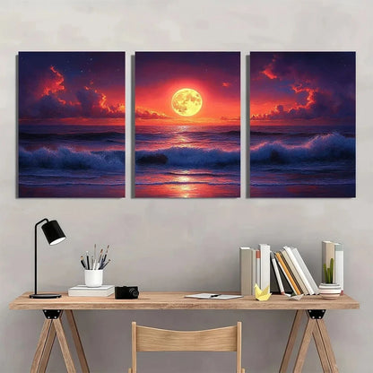 3pcs Sunset and Moon by The Sea Metal Print Ready to Hang Art