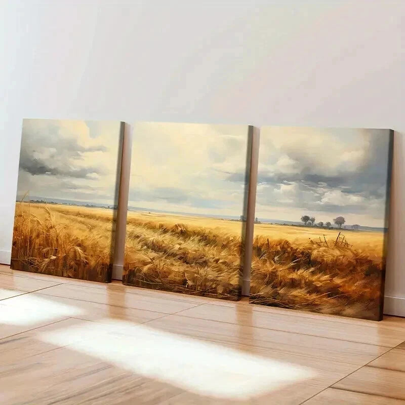 3pcs Wheat Fields & Autumn Sky Landscape Wall Art Set Canvas Framed 40x60cm - High Quality Print 100% Australian Made Wall Canvas Ready to Hang