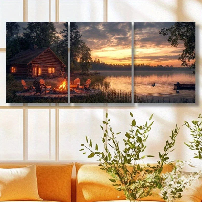 3pcs Log Cabin Painting Nature Scenery Metal Print Ready to Hang Art